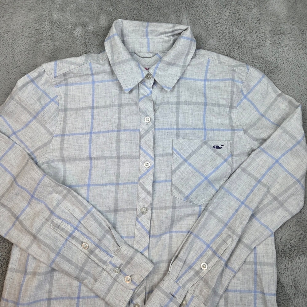 Vineyard Vines Button Down Shirt Womens Sz 0 Plaid Long Sleeve Pocket Grey Blue